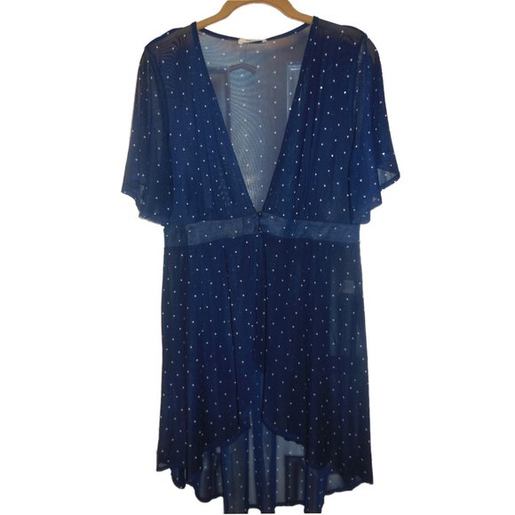 Blouse NEW Blue Polka Dot Sheer Cardigan Duster Top Short Sleeve blue shrug - Picture 2 of 9